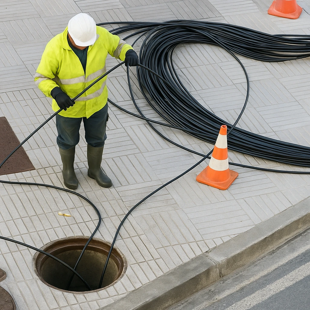 man running cables through manhole