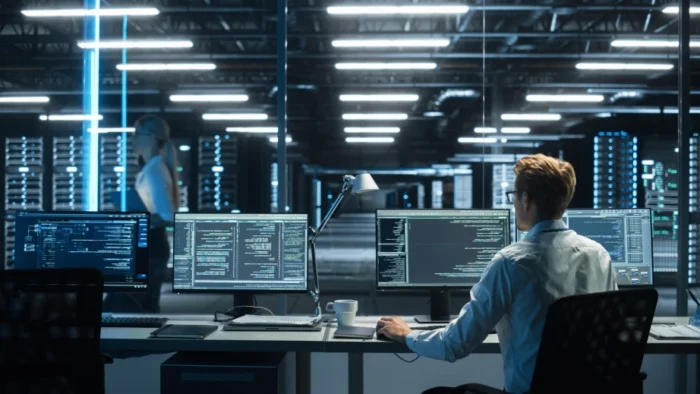 man on a computer in a server room