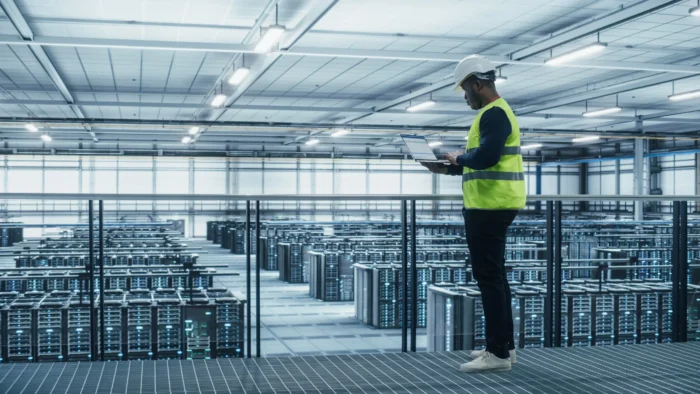 man wearing high visibility vest on computer in server room