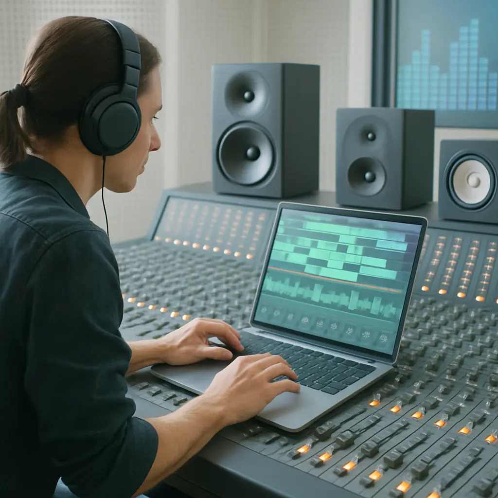 person on a sound mixer wearing headphones